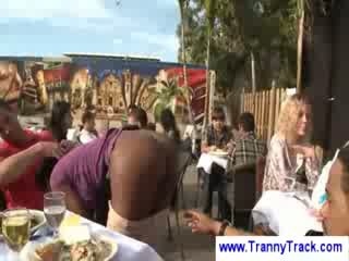 Ebony tranny waitress blows two guys