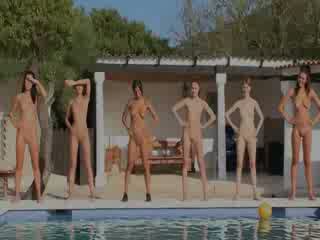 Six Nude girls by the pool from france