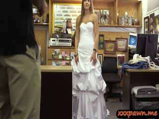 Babe in wedding dress fucked by pawn guy to earn extra money